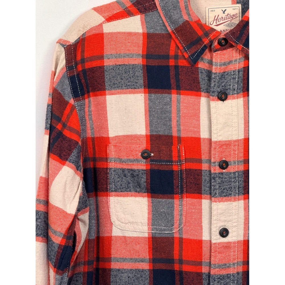 Grunge Lumberjack American Eagle Orange Navy Plaid Flannel Shirt Men M Button Up